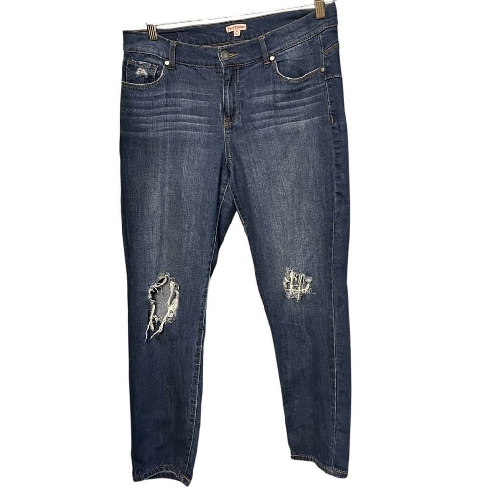 Juicy Couture size 8 blue jeans highrise oversized IMO distressed knees stretch